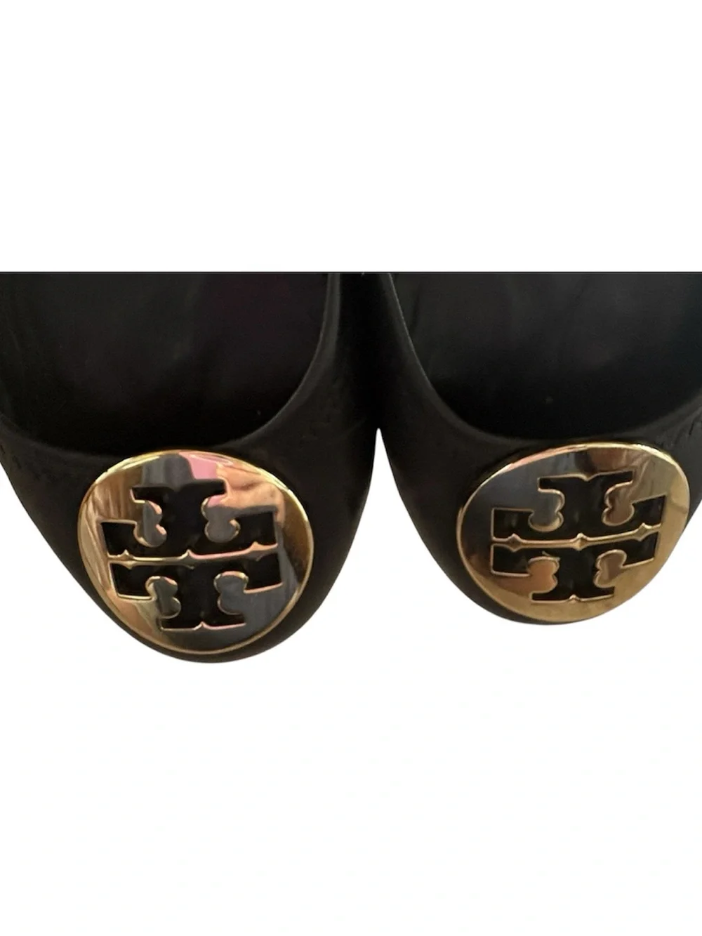 Tory Burch Black Leather Ballet Flats with Gold Logo Medallion